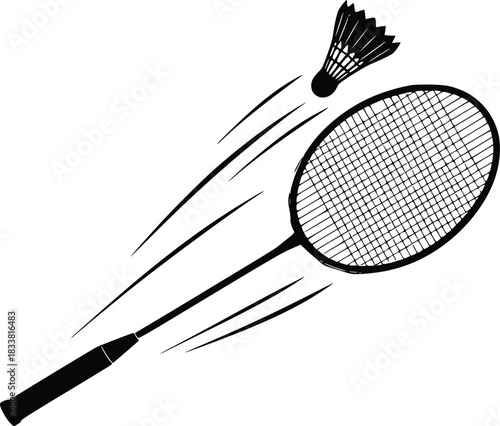 Badminton racket hitting shuttlecock in dynamic motion on white