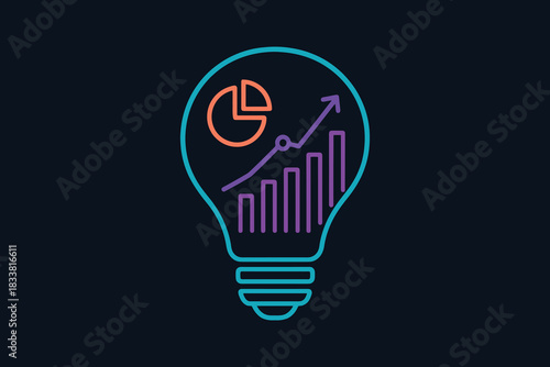 Neon light bulb with business growth chart and pie chart inside