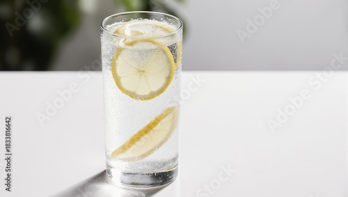 Refreshing Glass of Water with Lemon Slices and Ice Cubes.