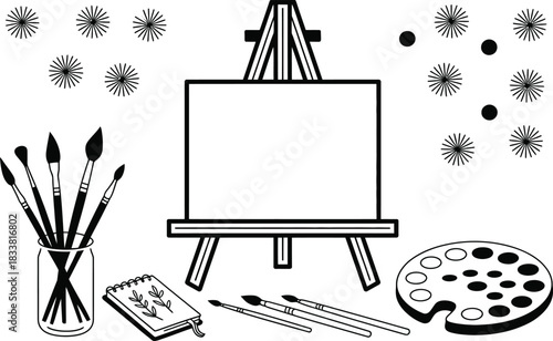 Art Studio Setup: Easel, Brushes, Palette, and Sketchbook
