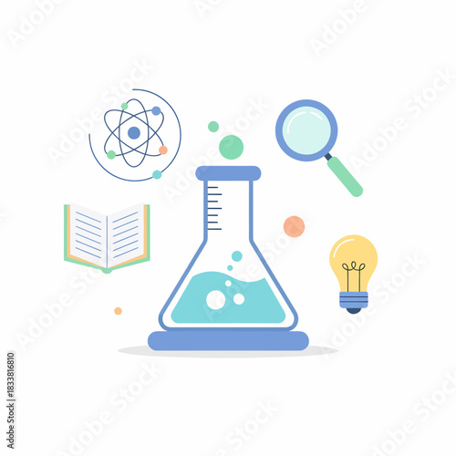 Illustration of a science laboratory setup with a flask, atom, magnifying glass, book, and lightbulb, symbolizing research and discovery.