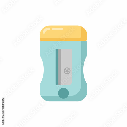 A light blue and yellow pencil sharpener with a silver blade, depicted in a flat, minimalist illustration style.