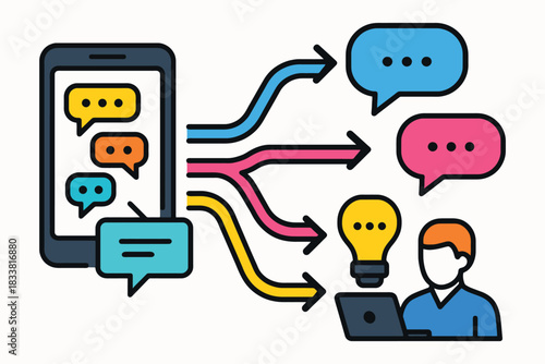 Mobile communication concept with messages flowing to people and ideas