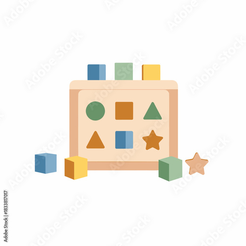 A flat lay illustration of a wooden shape sorter toy with various colorful blocks and shapes for children's learning and development.