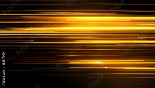 Vibrant streaks of golden orange light blur across a dark background creating a dynamic sense of speed and energy in this abstract digital art