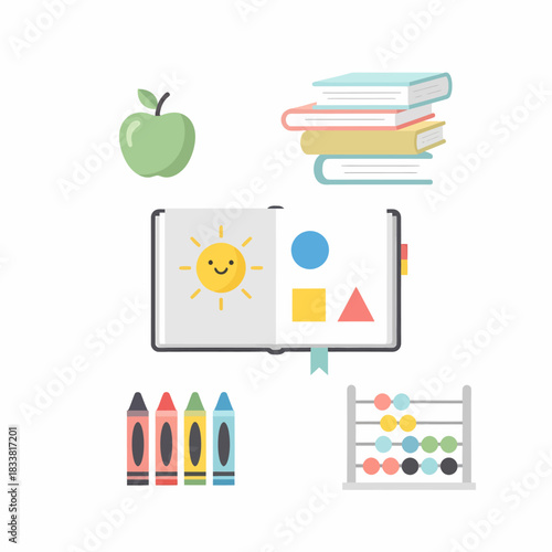 A collection of colorful flat icons representing early childhood education items like books, crayons, and an abacus.