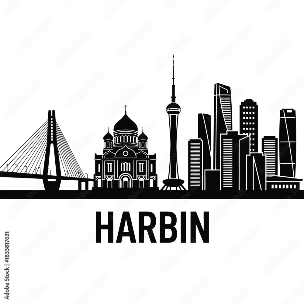 Obraz premium Harbin city skyline silhouette vector illustration black and white design