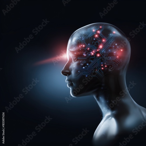 Man's head with a computer chip in it. The head is black and the computer chip is red
