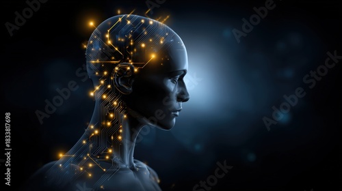 Woman's face with a computer chip on it