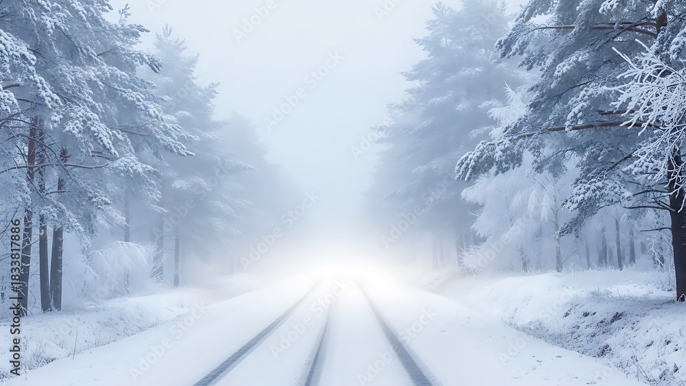 Obraz premium Serene winter road vanishing into fog with snow covered trees alongside path