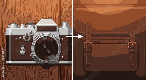An artfully depicted vintage film camera, with metallic and brown leather accents, rests on a warm wooden surface, hinting at a journey with a classic leather satchel.