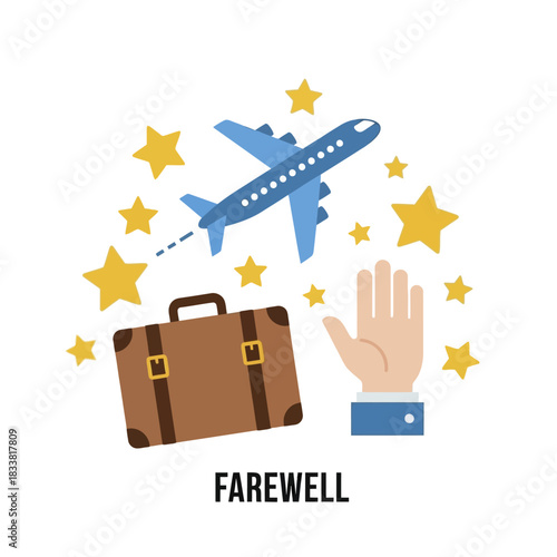 Farewell travel concept with airplane suitcase and hand gesture.