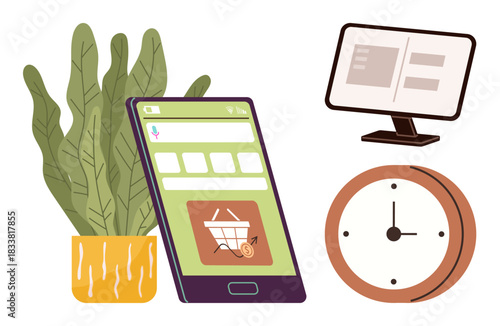 Smartphone with shopping cart app, desktop monitor, wall clock, and green potted plant. Ideal for e-commerce, time management, productivity, technology, shopping efficiency simple flat metaphor