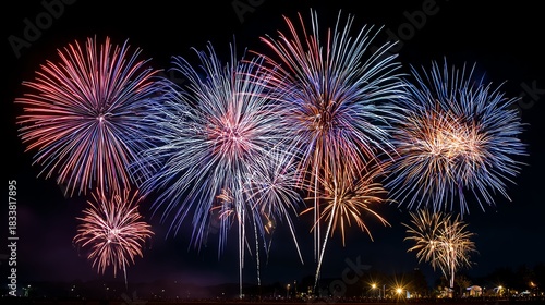 A vibrant display of fireworks lighting up the night sky, creating a colorful spectacle that captivates viewers with its brilliant colors and stunning patterns, perfect for celebra