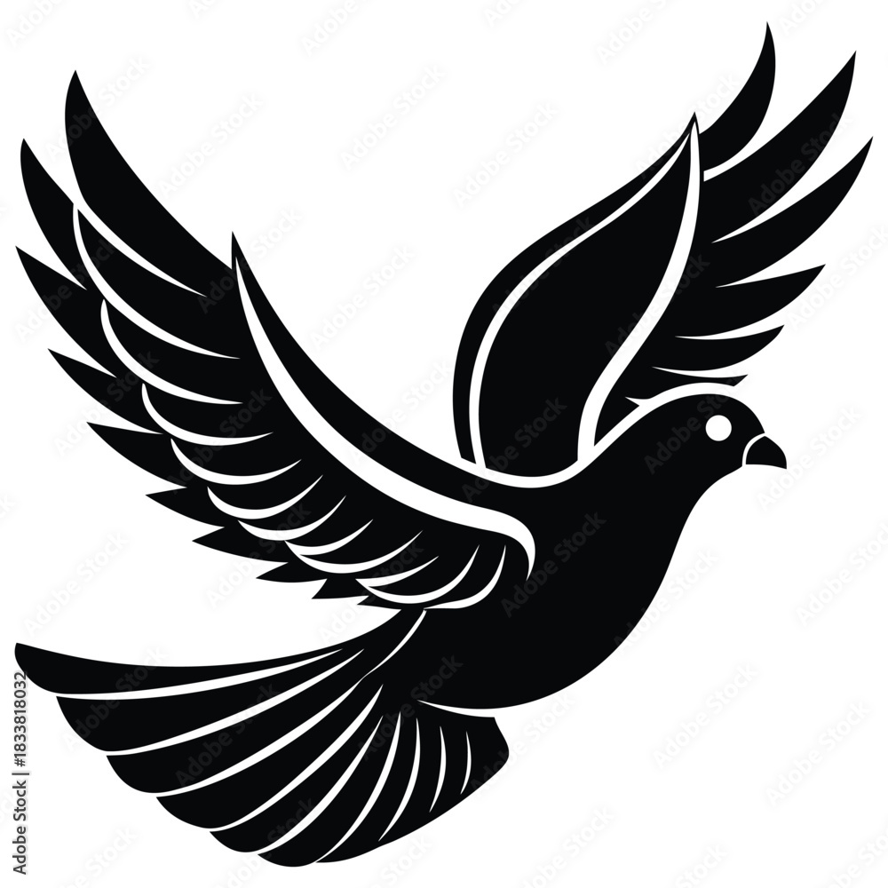 Obraz premium “Flying Dove Silhouette – Peace Bird Vector Icon, Black Winged Bird Illustration”