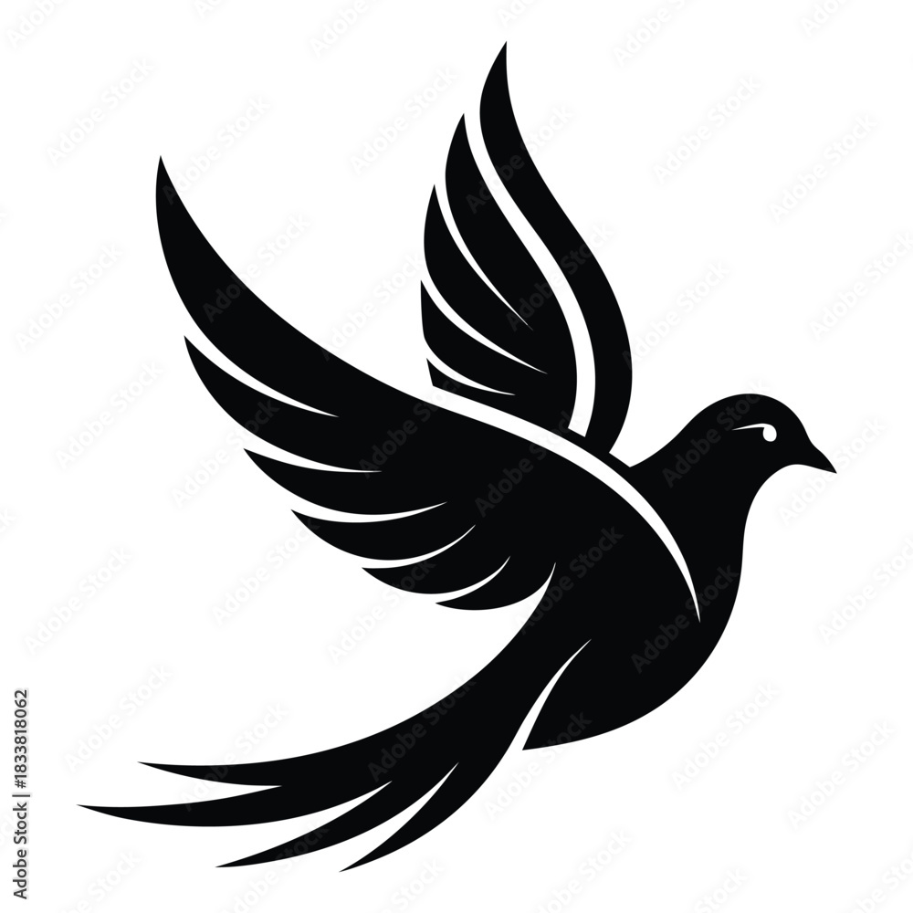 Fototapeta premium “Flying Dove Silhouette – Peace Bird Vector Icon, Black Winged Bird Illustration”