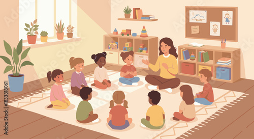 “Kindergarten classroom morning circle with children sitting in a ring, warm pastel palette, flat friendly style.”