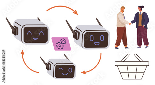 Friendly AI robots interact in a circular data flow. Humans handshake, symbolizing collaboration. Basket and gear icons suggest commerce, teamwork, and automation. Ideal for AI, robotics, business