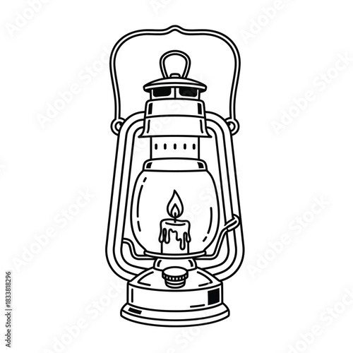 Vintage oil lamp illustration with candle flame in black and white