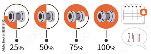 Circular progress graphs showing 25, 50, 75, and 100 completion, accompanied by a calendar with a reminder bell and 24-hour dialogue. Ideal for project planning, workflow, scheduling, efficiency
