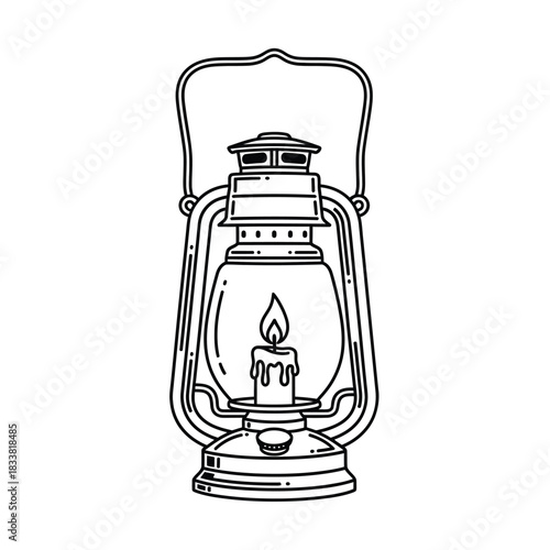 Vintage kerosene lantern line art illustration with candle flame inside