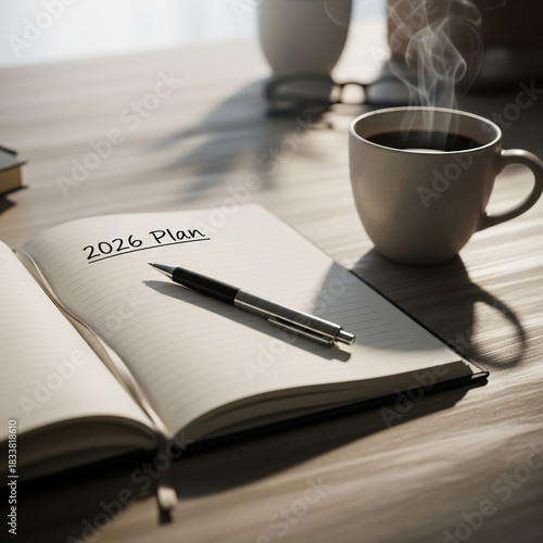Planning 2026 goals with hot coffee for a bright future ahead today