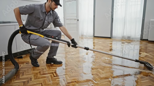 Professional Water Damage Restoration: Man Using Wet Vacuum to Extract Water from Hardwood Floor After Flood, Emergency Cleanup Service