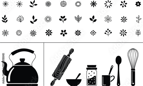 Collection of Floral Icons and Kitchen Utensils in Silhouette