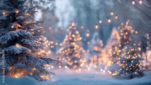 Snowy Christmas trees with warm fairy lights