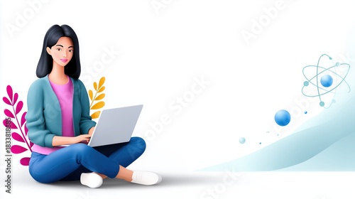 Woman is sitting on the floor with a laptop in front of her. She is wearing a blue jacket