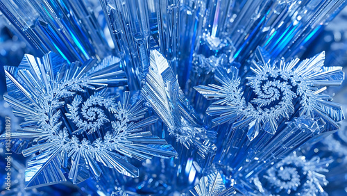 Macro photograph of intricate ice crystal design on blue reflective surfaces