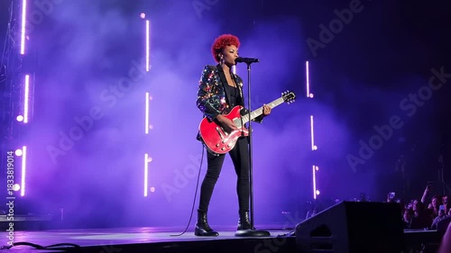 Singing guitarist plays electric guitar on stage. Musician performs live rock concert with microphone. Spotlight and fog create moody atmosphere. Audience cheers as singer leads energetic performance.