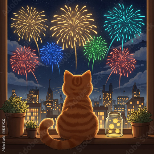 Ginger cat watching vibrant fireworks over city skyline from window