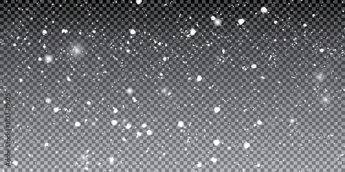 Falling snowflakes in transparent beauty, delicate and small, isolated on a clear background. Snowflake elements, snowy backdrop. Vector illustration of intense snowfall, snowflakes.