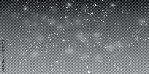 Falling snowflakes in transparent beauty, delicate and small, isolated on a clear background. Snowflake elements, snowy backdrop. Vector illustration of intense snowfall, snowflakes.