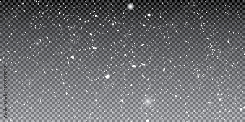 Falling snowflakes in transparent beauty, delicate and small, isolated on a clear background. Snowflake elements, snowy backdrop. Vector illustration of intense snowfall, snowflakes.