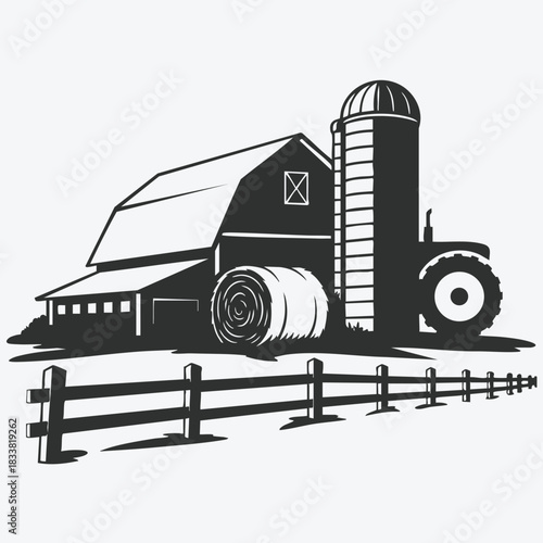 Farm Barn & Fence Silhouette Scene
