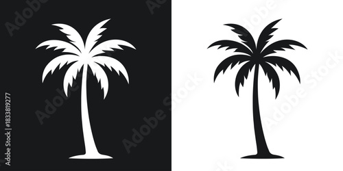 Black and white silhouette icons of a palm tree on contrasting backgrounds tropical