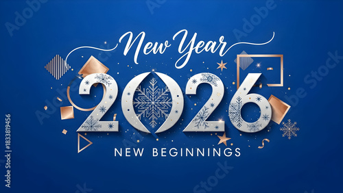 Elegant new year 2026 design with snowflakes and geometric shapes on blue background