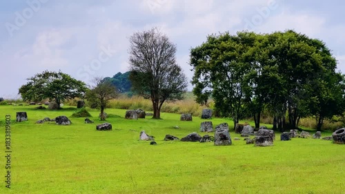 Valley of the Jars, Laos. Phongsavan. Valley of the Jars. The megalithic archaeological landscape consists of thousands of stone jars scattered across the Xiangkhouang Plateau. 4К	