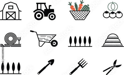Farm and Garden Icons: Barn, Tractor, Vegetables, Tools, and Crops
