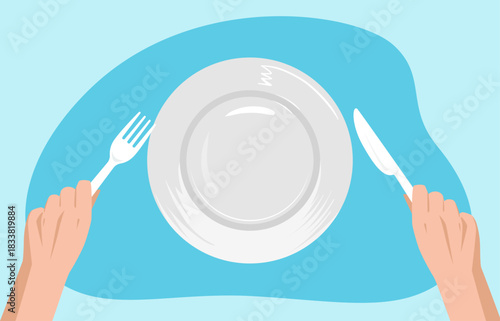 Hands holding knife and fork over clean plate preparing to eat. Dining table top view. Cutlery in arms. Food dish. Restaurant dinner. Cafe tableware serving. Banquet meal etiquette.