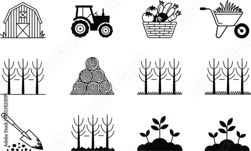 Farm and Garden Icons: Barn, Tractor, Produce, and More