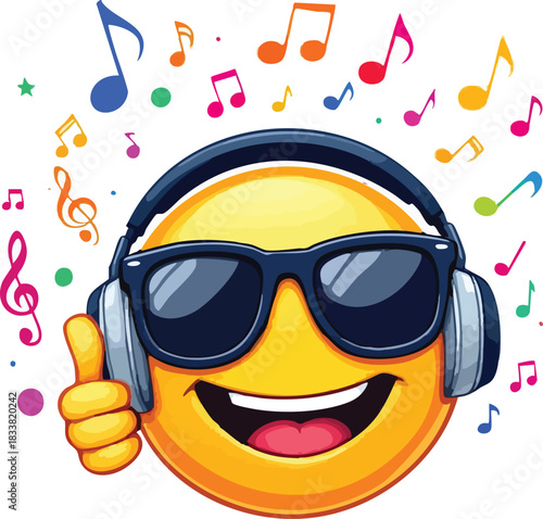 Smiling emoji with headphones, sunglasses, thumbs-up gesture, and colorful musical notes vector