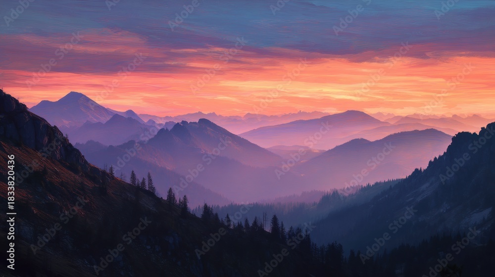 Obraz premium A breathtaking sunset illuminates the mountain range with vibrant colors. Layers of peaks stretch into the distance surrounded by tall trees and soft mist.