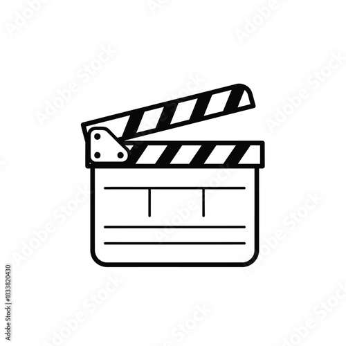 Simple line art illustration of a movie clapper board on white