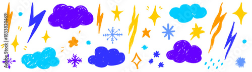 A playful set of star doodles and cloud forms created with crayon texture. Snowflake lines brighten the design, mixing cloud softness, star shine and crayon-style snowflake marks.