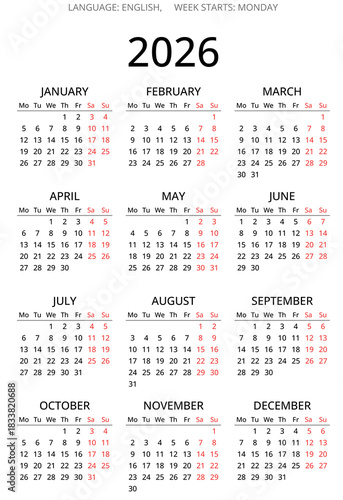 2026 english calendar. png year illustration. Week starts monday