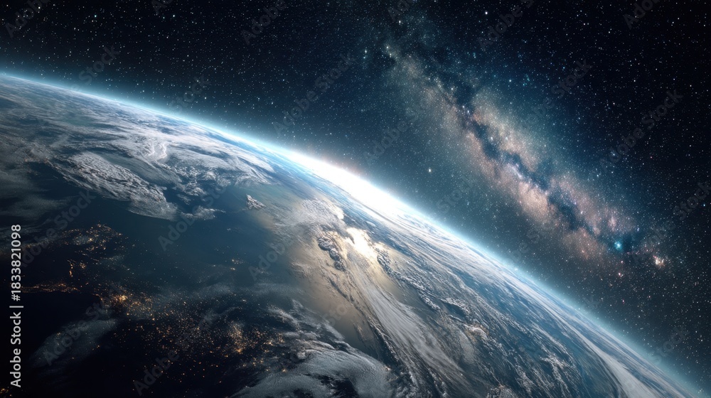 Fototapeta premium A stunning view shows Earth bathed in darkness with bright city lights twinkling below. The Milky Way galaxy stretches across the sky creating a breathtaking contrast against the planet's surface.