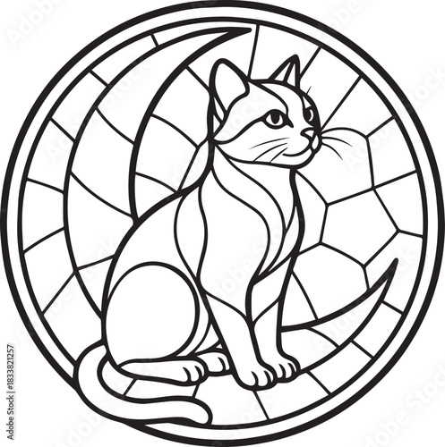 cat sitting on a crescent moon Mosaic design, Cat Mosaic, Stained Glass Cat, Line Art Mandala Circle, Cat Lover, Animal Mosaic Tile illustration